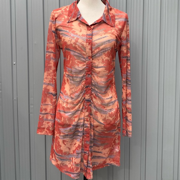 Wild Fable Mesh Ruched Button Down Dress - Picture 1 of 7